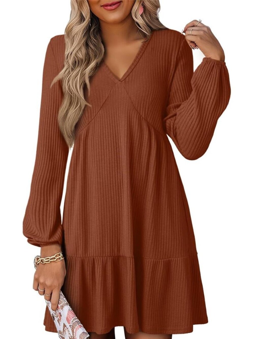 Dokotoo Womens Dresses Long Sleeve V Neck Lightweight Ribbed Knit Empire Waist